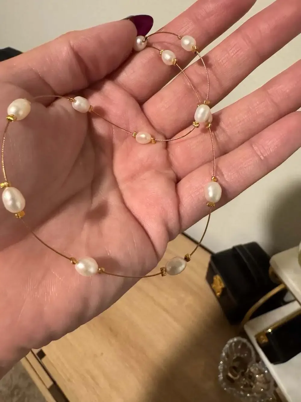 Floating Freshwater Pearl Necklace with Gold Tone Ornate Hook Clasp